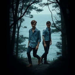 A captivating mystery book cover featuring two young men in their twenties entering a dark, dense forest near the sea