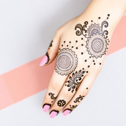 A unique mehndi (henna) design featuring an intricate blend of geometric patterns and floral elements