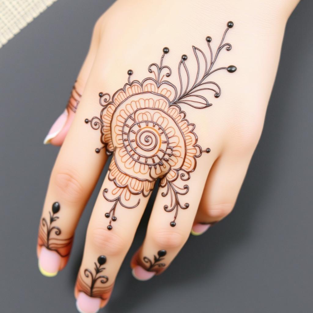 A unique mehndi (henna) design featuring an intricate blend of geometric patterns and floral elements