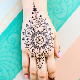 A unique mehndi (henna) design featuring an intricate blend of geometric patterns and floral elements