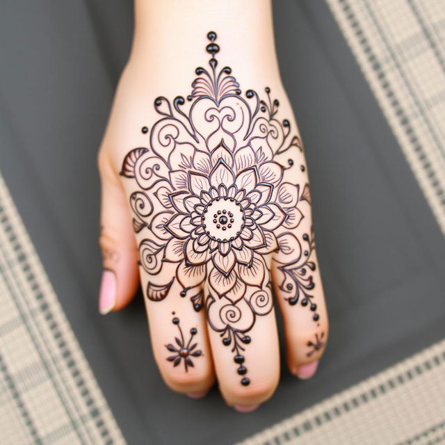 A unique mehndi (henna) design featuring an intricate blend of geometric patterns and floral elements