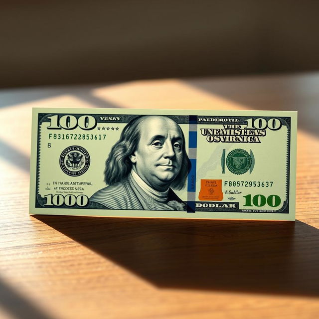 A hyper-realistic illustration of a 100 dollar bill, showcasing intricate details such as the iconic portrait of Benjamin Franklin, the distinctive green hues, and the fine print