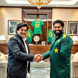 A warm and friendly meeting between two famous cricketers, Imran Khan and Shahid Afridi, set in a luxurious modern office adorned with cricket memorabilia
