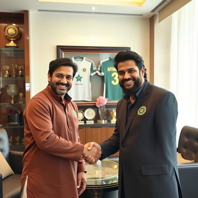 A warm and friendly meeting between two famous cricketers, Imran Khan and Shahid Afridi, set in a luxurious modern office adorned with cricket memorabilia