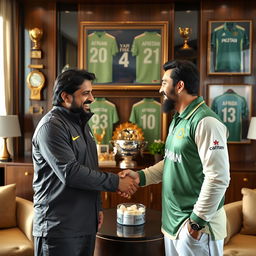 A warm and friendly meeting between two famous cricketers, Imran Khan and Shahid Afridi, set in a luxurious modern office adorned with cricket memorabilia