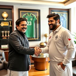 A warm and friendly meeting between two famous cricketers, Imran Khan and Shahid Afridi, set in a luxurious modern office adorned with cricket memorabilia
