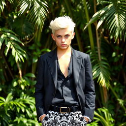 A portrait of a stylish and confident young person with white hair, striking light blue eyes, wearing a sharp jacket and black and white patterned trousers