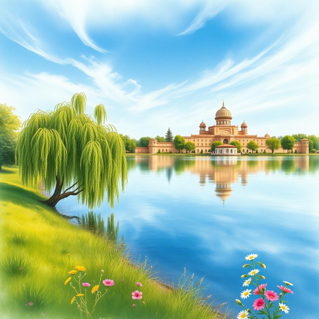 A serene lakeside scene depicting the beauty of nature during the Pahlavi period in Iran, featuring lush greenery, tranquil water reflecting the sky, and traditional Persian architectural elements in the background