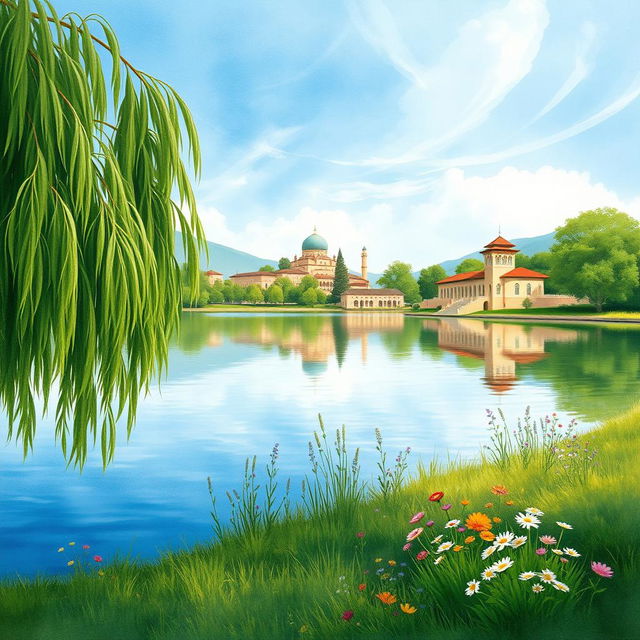 A serene lakeside scene depicting the beauty of nature during the Pahlavi period in Iran, featuring lush greenery, tranquil water reflecting the sky, and traditional Persian architectural elements in the background