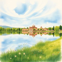 A serene lakeside scene depicting the beauty of nature during the Pahlavi period in Iran, featuring lush greenery, tranquil water reflecting the sky, and traditional Persian architectural elements in the background
