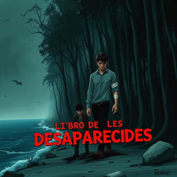 An elongated manhwa-style book cover for a mystery novel titled 'El Libro De Los Desaparecidos'