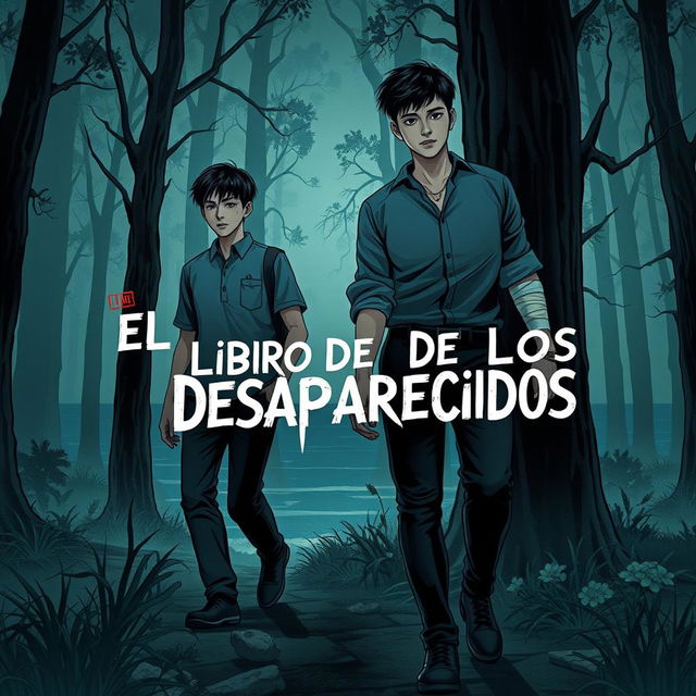 An elongated manhwa-style book cover for a mystery novel titled 'El Libro De Los Desaparecidos'