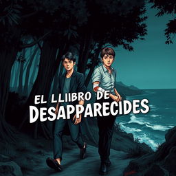 An elongated manhwa-style book cover for a mystery novel titled 'El Libro De Los Desaparecidos'
