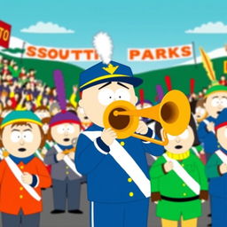 A humorous and vibrant depiction of a marching band from the animated series South Park, featuring a trombonist character with a comically exaggerated trombone