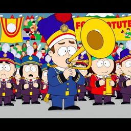 A humorous and vibrant depiction of a marching band from the animated series South Park, featuring a trombonist character with a comically exaggerated trombone