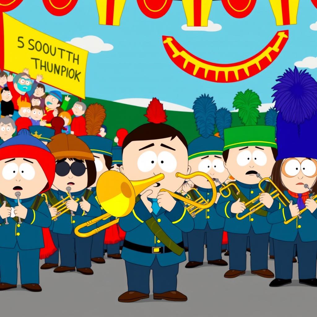 A humorous and vibrant depiction of a marching band from the animated series South Park, featuring a trombonist character with a comically exaggerated trombone