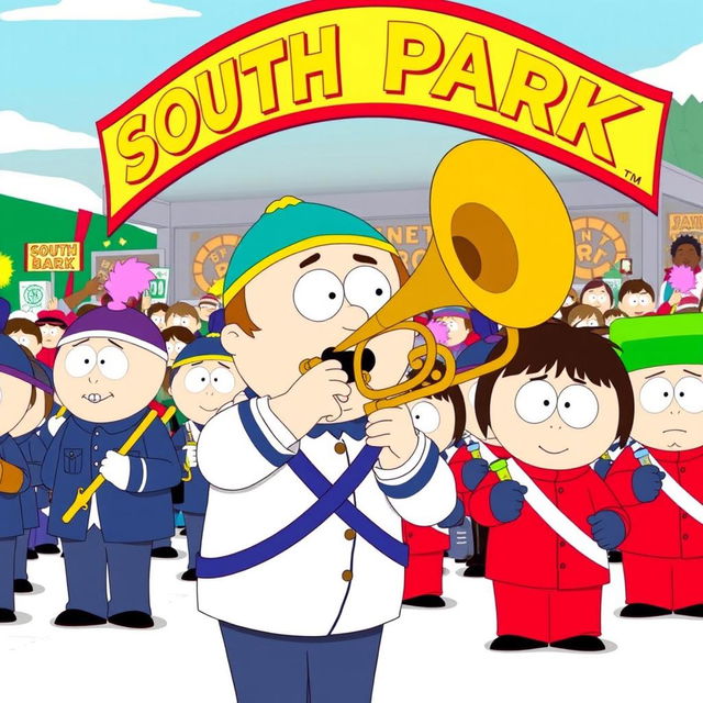 A humorous and vibrant depiction of a marching band from the animated series South Park, featuring a trombonist character with a comically exaggerated trombone