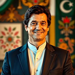 A detailed portrait of Imran Khan Niazi, the former Prime Minister of Pakistan, standing confidently in a formal suit