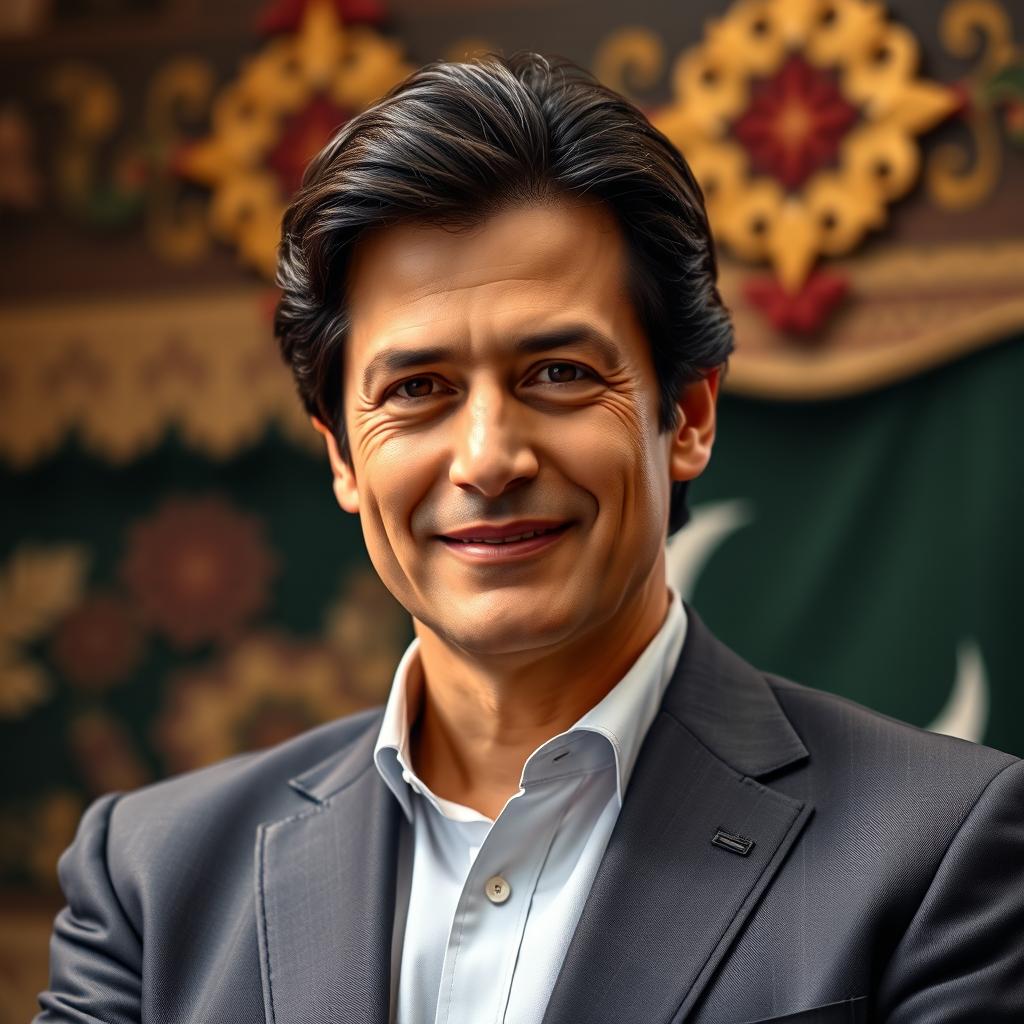 A detailed portrait of Imran Khan Niazi, the former Prime Minister of Pakistan, standing confidently in a formal suit