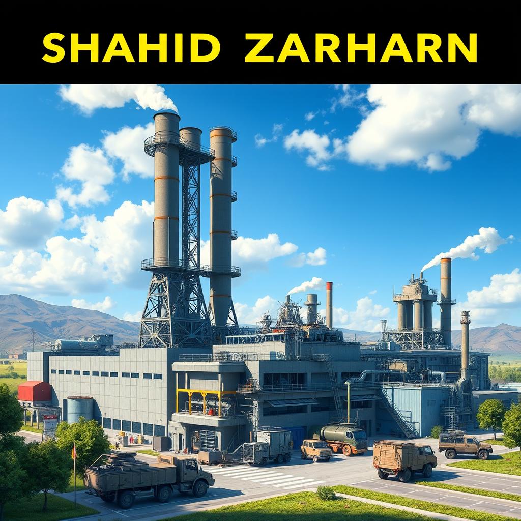 A detailed and realistic depiction of the Shahid Zareharn military factory, showcasing its industrial architecture and machinery