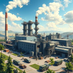 A detailed and realistic depiction of the Shahid Zareharn military factory, showcasing its industrial architecture and machinery