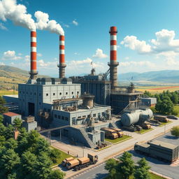 A detailed and realistic depiction of the Shahid Zareharn military factory, showcasing its industrial architecture and machinery