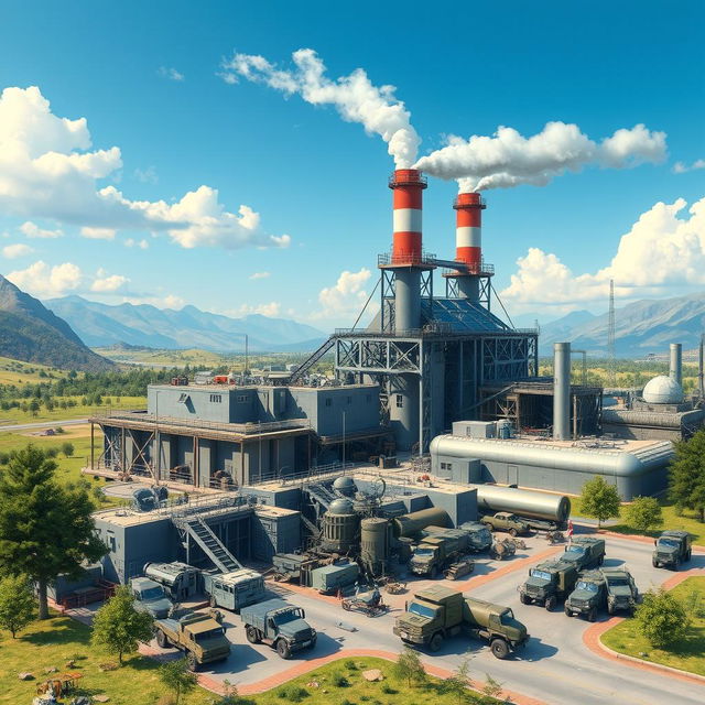 A detailed and realistic depiction of the Shahid Zareharn military factory, showcasing its industrial architecture and machinery