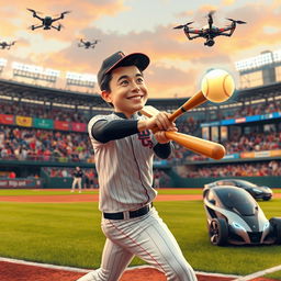 A whimsical scene featuring a futuristic baseball game where Elon Musk, wearing a stylish baseball uniform, is energetically swinging a bat at a glowing baseball