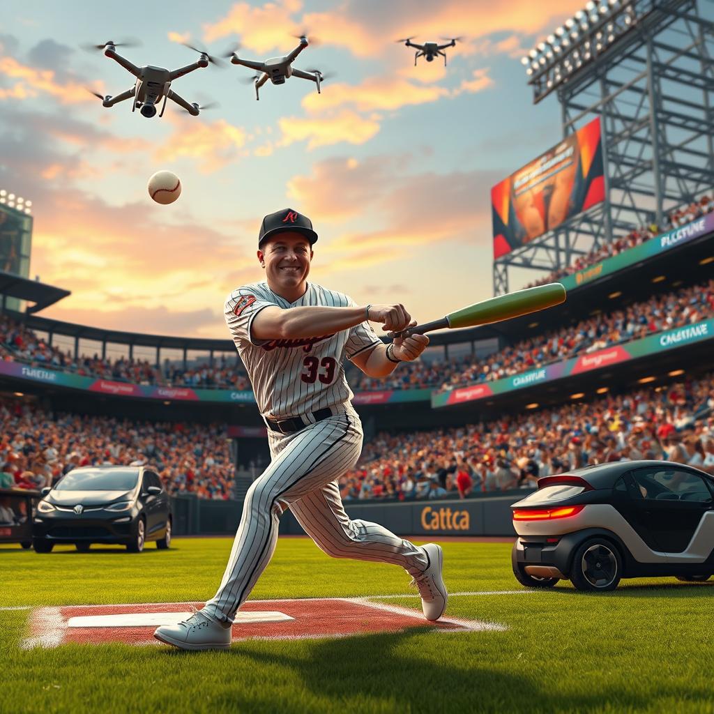 A whimsical scene featuring a futuristic baseball game where Elon Musk, wearing a stylish baseball uniform, is energetically swinging a bat at a glowing baseball