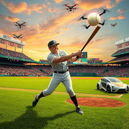A whimsical scene featuring a futuristic baseball game where Elon Musk, wearing a stylish baseball uniform, is energetically swinging a bat at a glowing baseball