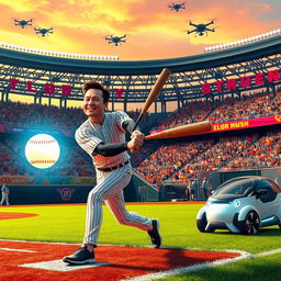 A whimsical scene featuring a futuristic baseball game where Elon Musk, wearing a stylish baseball uniform, is energetically swinging a bat at a glowing baseball
