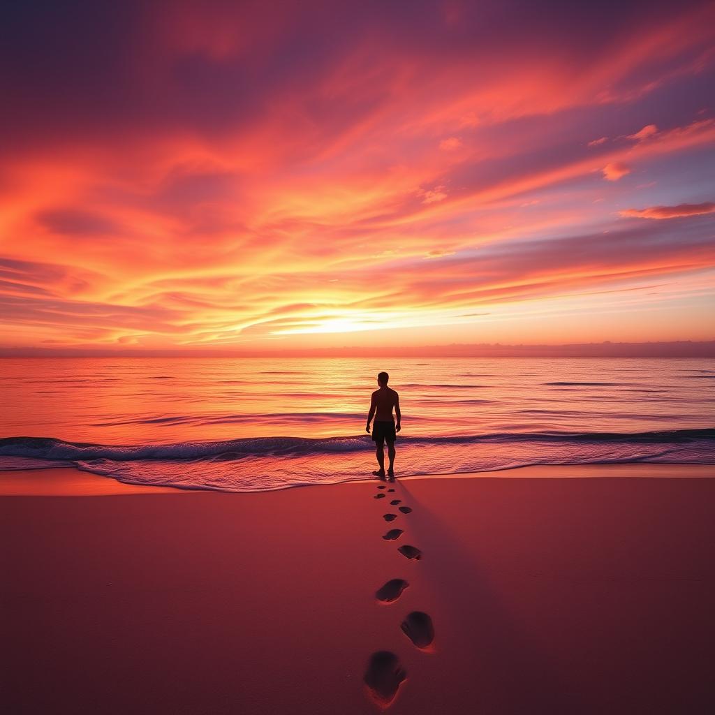 A visually striking vertical image designed for social media reels, featuring a vivid sunset over a calm ocean, reflecting an array of warm colors such as orange, pink, and purple