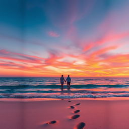 A visually striking vertical image designed for social media reels, featuring a vivid sunset over a calm ocean, reflecting an array of warm colors such as orange, pink, and purple