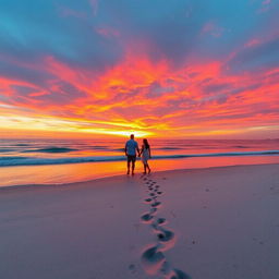 A visually striking vertical image designed for social media reels, featuring a vivid sunset over a calm ocean, reflecting an array of warm colors such as orange, pink, and purple