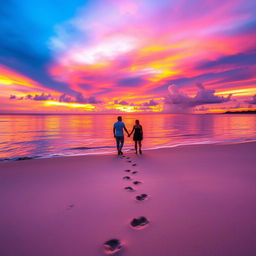 A visually striking vertical image designed for social media reels, featuring a vivid sunset over a calm ocean, reflecting an array of warm colors such as orange, pink, and purple