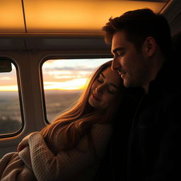 A romantic scene of a couple on a bus trip, sitting close together