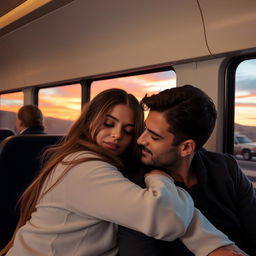 A romantic scene of a couple on a bus trip, sitting close together