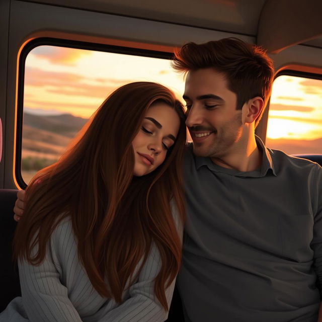 A romantic scene of a couple on a bus trip, sitting close together