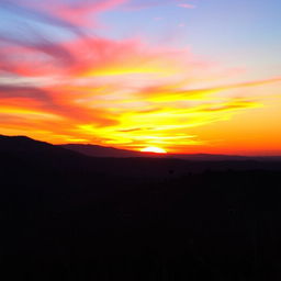 A serene landscape featuring a breathtaking sunset with vibrant hues of orange, pink, and purple in the sky, casting a warm glow over the surroundings