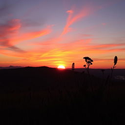 A serene landscape featuring a breathtaking sunset with vibrant hues of orange, pink, and purple in the sky, casting a warm glow over the surroundings