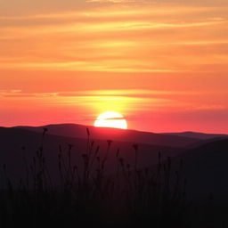 A serene landscape featuring a breathtaking sunset with vibrant hues of orange, pink, and purple in the sky, casting a warm glow over the surroundings