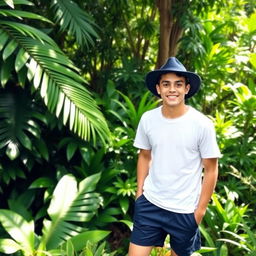A young man wearing a white t-shirt and navy blue shorts, complemented with a navy blue hat