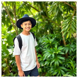 A young man wearing a white t-shirt and navy blue shorts, complemented with a navy blue hat