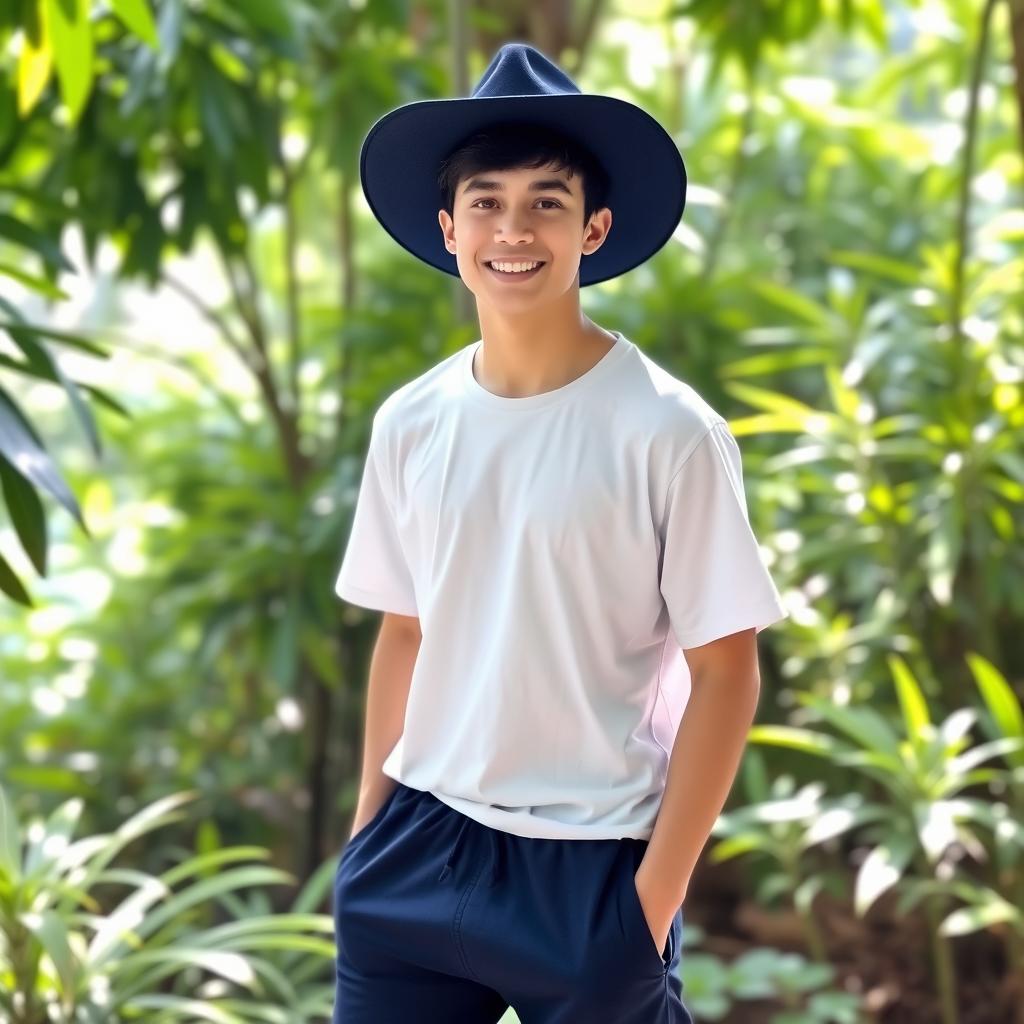 A young man wearing a white t-shirt and navy blue shorts, complemented with a navy blue hat