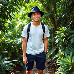A young man wearing a white t-shirt and navy blue shorts, complemented with a navy blue hat