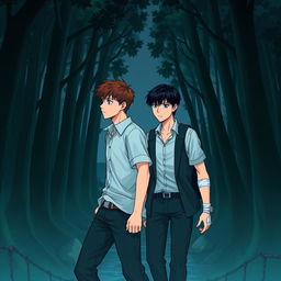 An elongated manhwa-style book cover for a mystery story, featuring two young men in their twenties entering a dark, mysterious forest near the sea