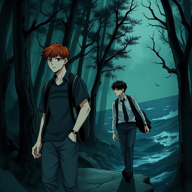 An elongated manhwa-style book cover for a mystery story, featuring two young men in their twenties entering a dark, mysterious forest near the sea