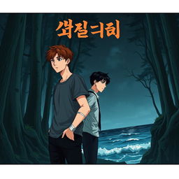 An elongated manhwa-style book cover for a mystery story, featuring two young men in their twenties entering a dark, mysterious forest near the sea