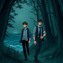An elongated manhwa-style book cover for a mystery story, featuring two young men in their twenties entering a dark, mysterious forest near the sea