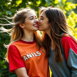 A portrait of a young woman wearing a vibrant Manchester United shirt, smiling joyfully as she leans in to kiss another girl